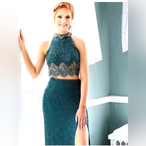 Sherri Hill Dresses & Skirts - Sherri Hill 52226 Beaded 2 Piece Dark Green Sparkle Long Gown prom Slit Leg sz 4